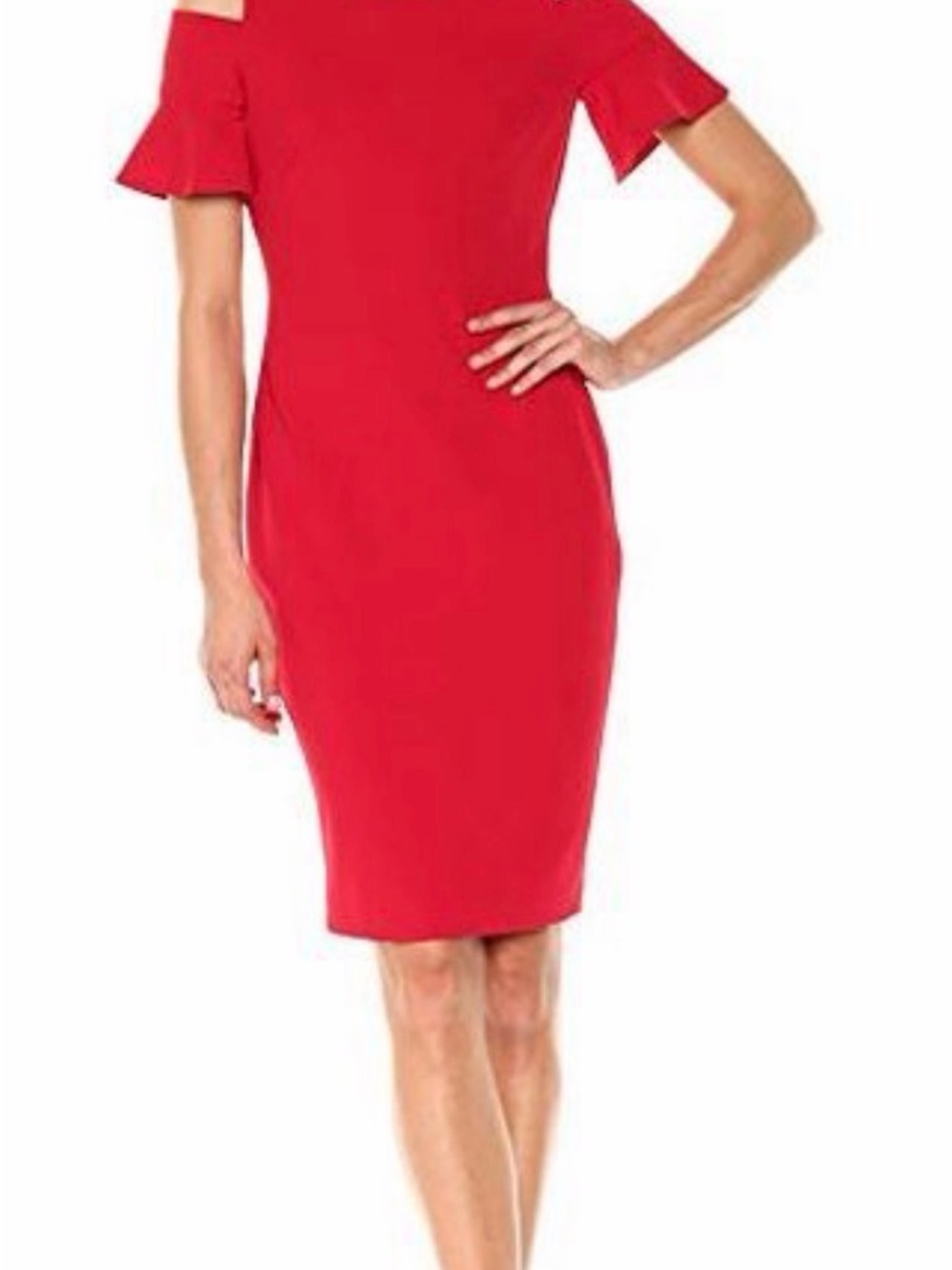 Calvin Klein Red Midi Sheath Dress with Ruffle Sleeves